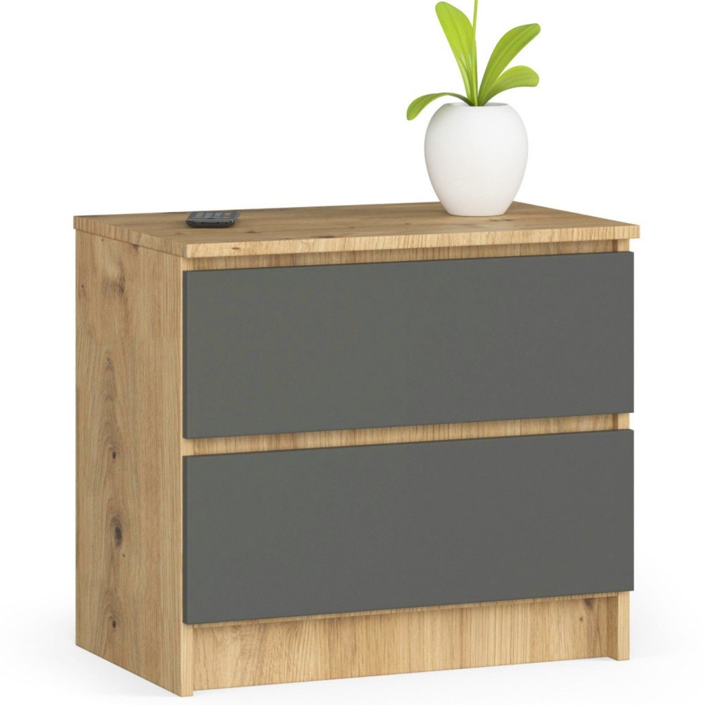Noptiera cu 2 sertare din PAL laminat 16 mm, 60x40x55 cm, stejar artisan si gri