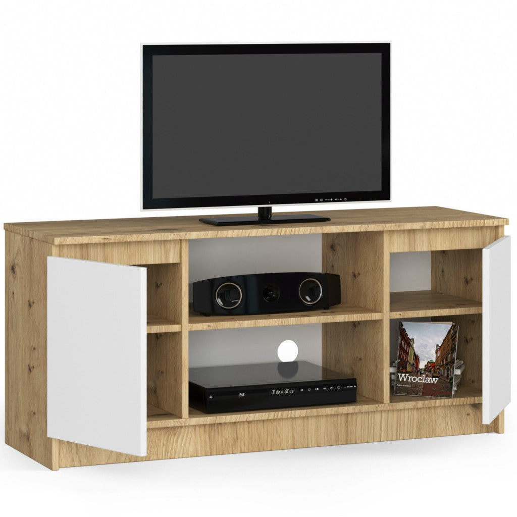 Comoda TV cu 2 usi si o polita, PAL laminat 16 mm, 120x40x55 cm, stejar artisan si alb