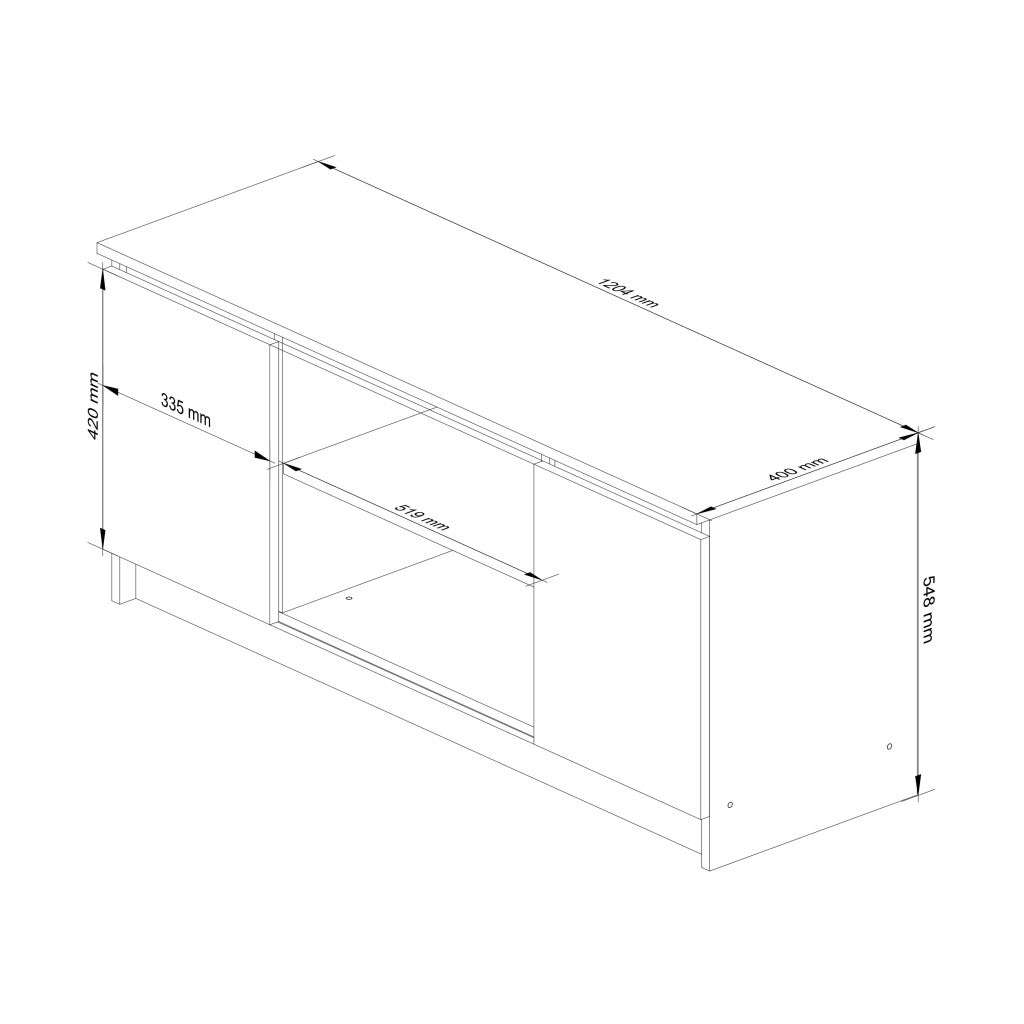 Comoda TV cu 2 usi si o polita, PAL laminat 16 mm, 120x40x55 cm, alb si gri