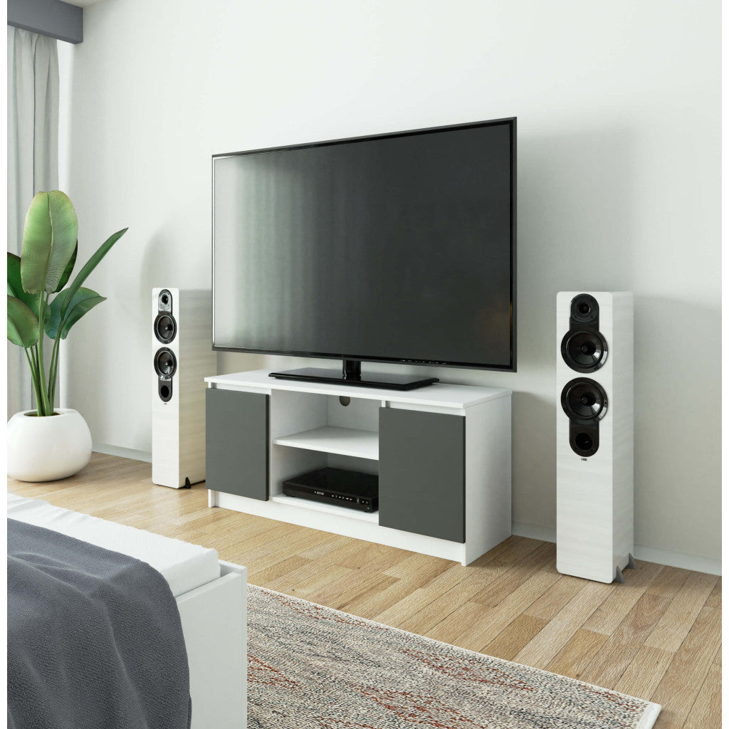 Comoda TV cu 2 usi si o polita, PAL laminat 16 mm, 120x40x55 cm, alb si gri