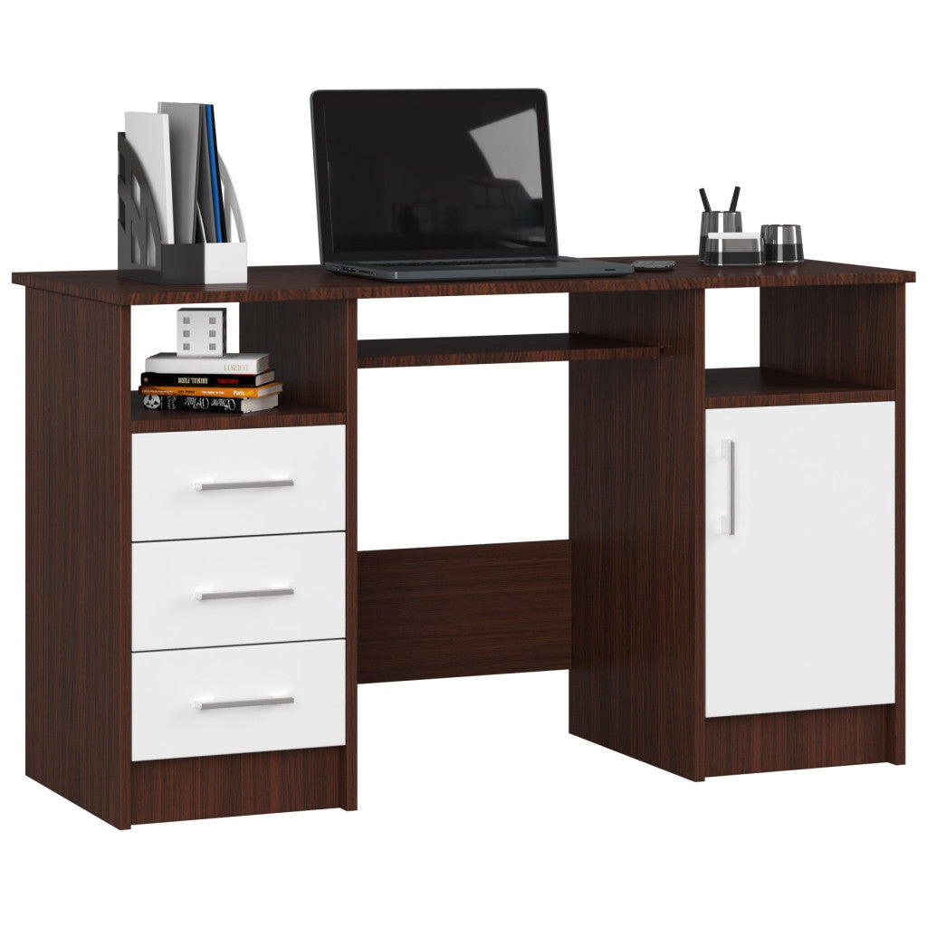 Birou ANA pentru calculator, cu 3 sertare si 1 usa, 124x52x74 cm, maro wenge si alb