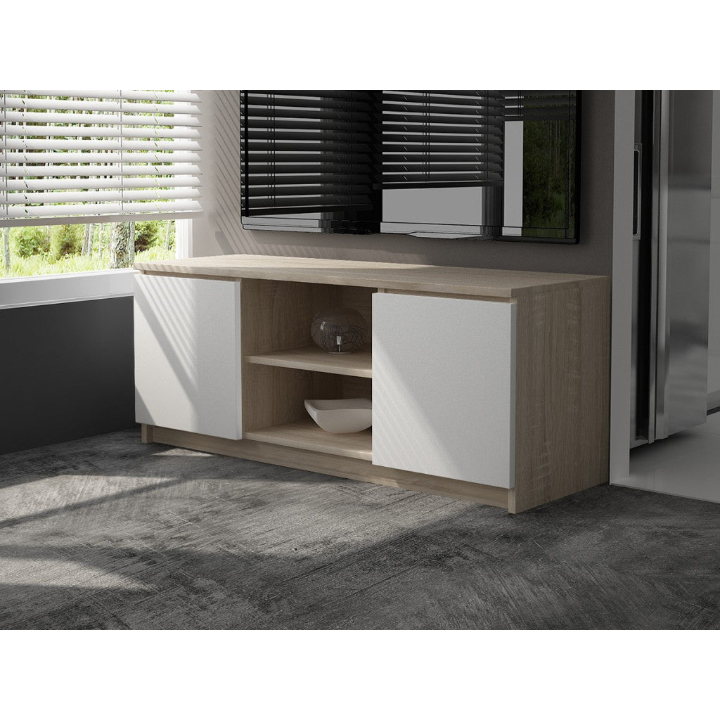 Comoda TV cu 2 usi si o polita, PAL laminat 16 mm, 120x40x55 cm, stejar sonoma si alb