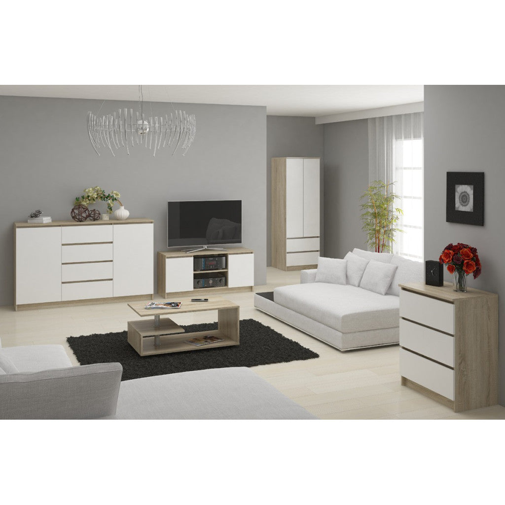 Comoda TV cu 2 usi si o polita, PAL laminat 16 mm, 120x40x55 cm, stejar sonoma si alb