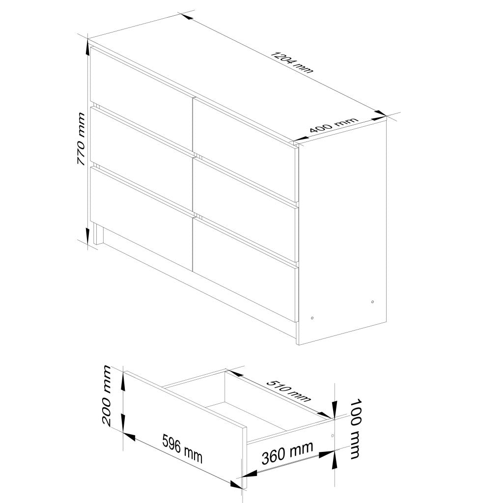 Comoda cu 6 sertare, PAL laminat, 120x40x77 cm, stejar artisan si alb