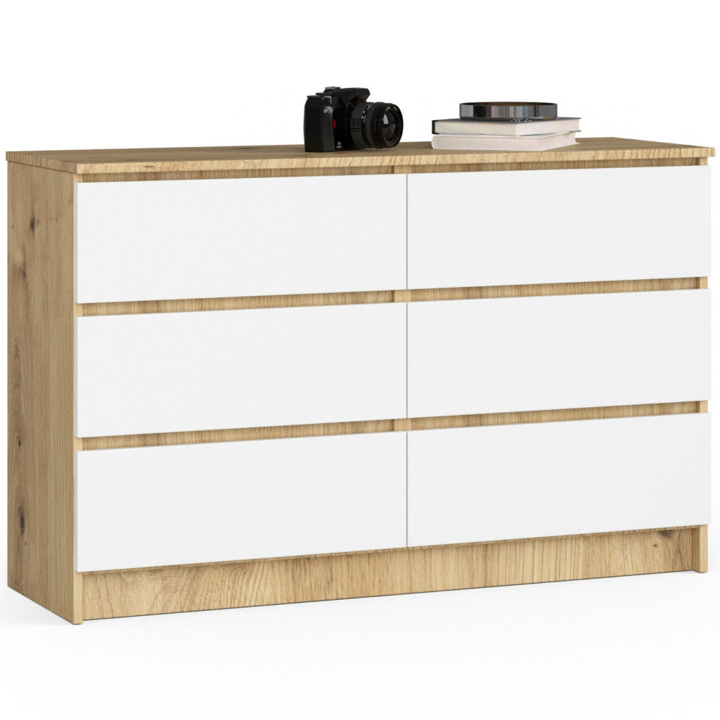 Comoda cu 6 sertare, PAL laminat, 120x40x77 cm, stejar artisan si alb