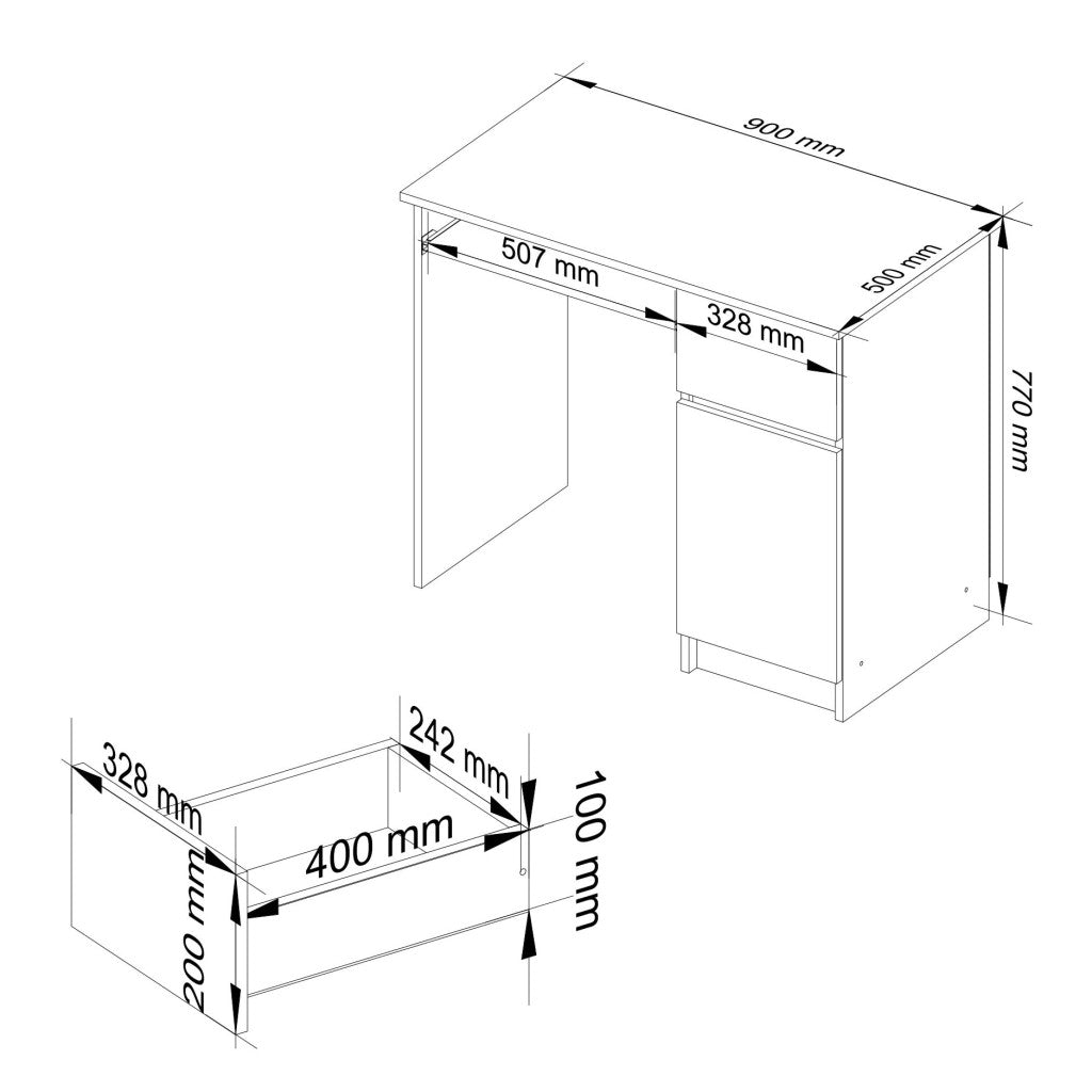 Birou computer PIKSEL, cu sertar, dulap si raft pentru tastatura, dreapta, 90x50x77 cm, stejar artisan
