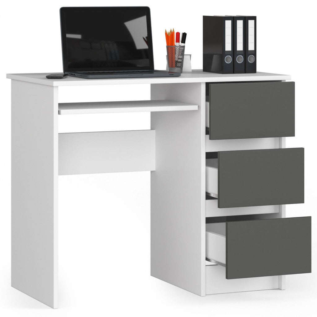 Birou computer cu 3 sertare si raft pentru tastatura, dreapta, 90x50x77 cm, alb si gri