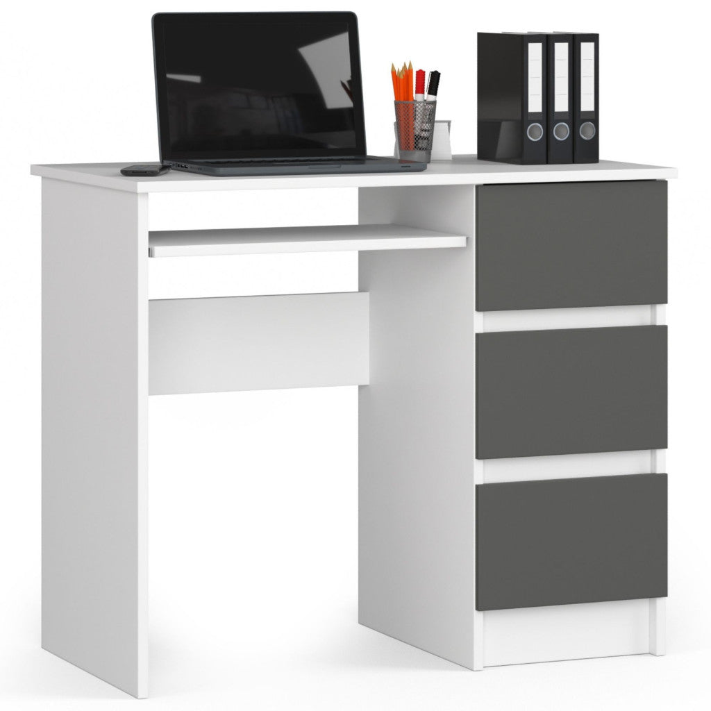 Birou computer cu 3 sertare si raft pentru tastatura, dreapta, 90x50x77 cm, alb si gri