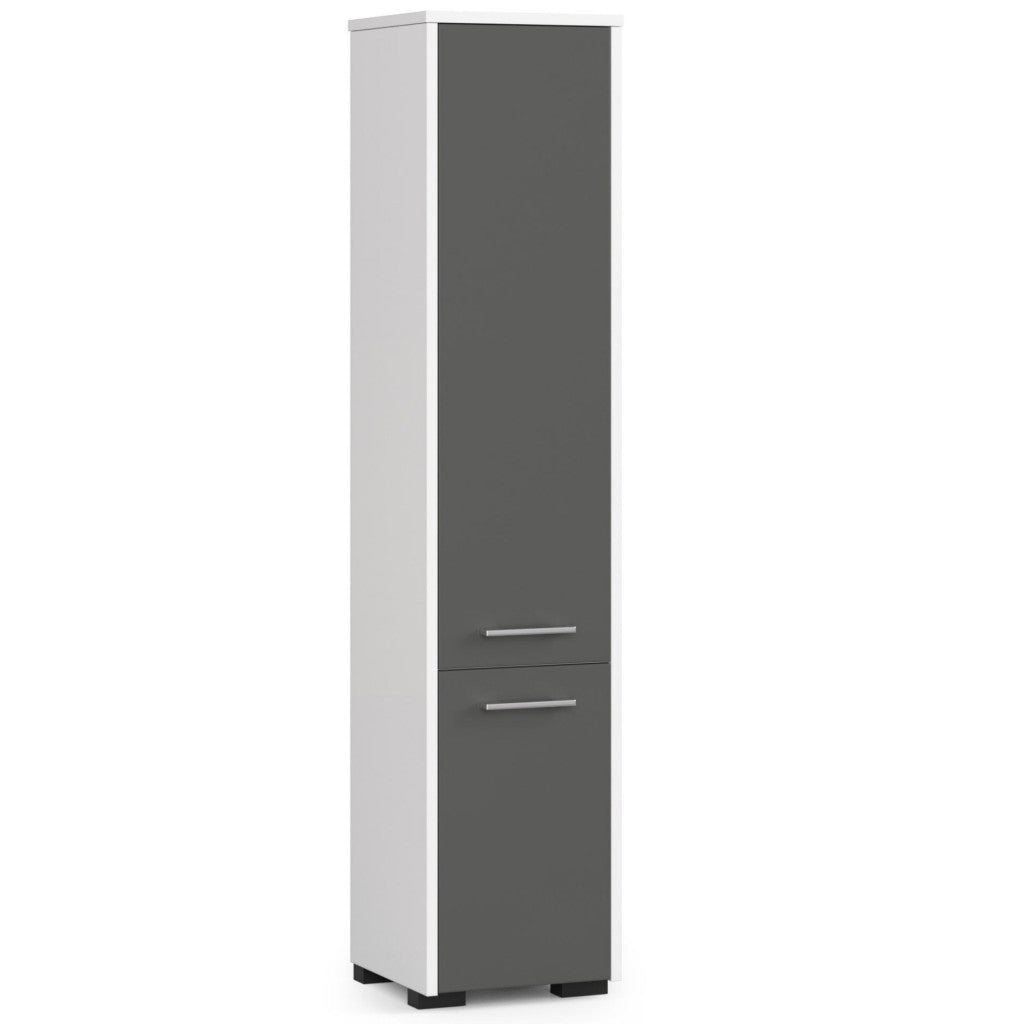 Dulap baie tip coloana cu 2 usi si 5 rafturi, PAL laminat, 30x30x140 cm, alb si gri