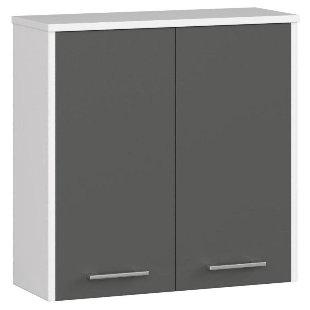 Dulap baie suspendat, cu 2 usi si 1 raft interior, PAL 16 mm, 60x23x60 cm, alb si gri
