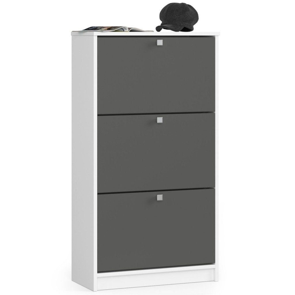Dulap pantofi cu 3 usi rabatabile, PAL laminat 16 mm, 60x29x113 cm, alb si gri
