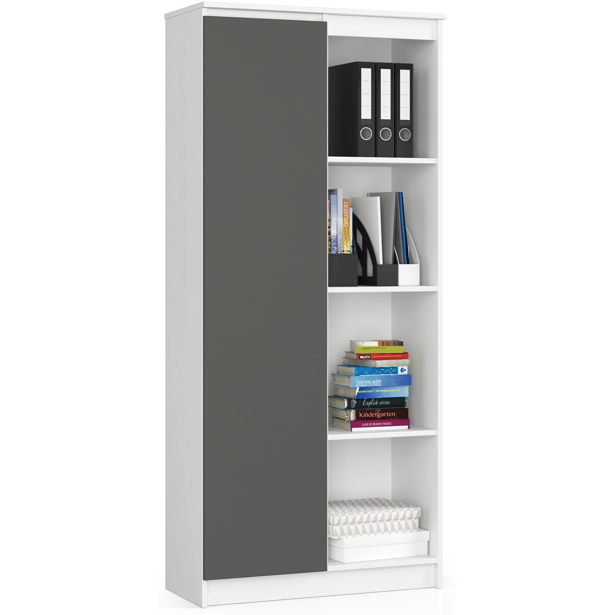 Dulap cu usa si 8 etajere, PAL laminat 16 mm, 80x35x180 cm, alb si gri