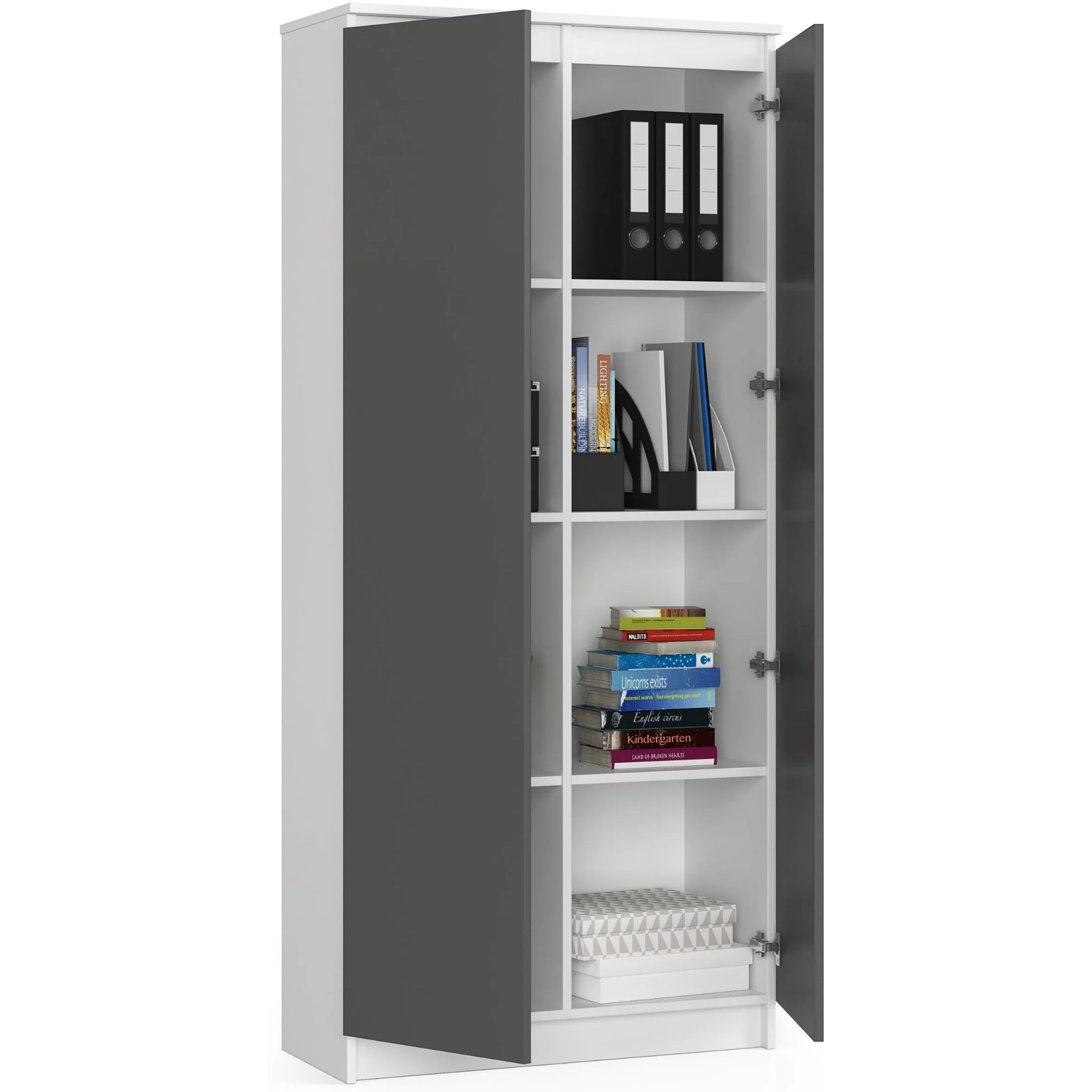 Dulap cu 8 etajere, PAL laminat 16 mm, 80x35x180 cm, alb si grafit