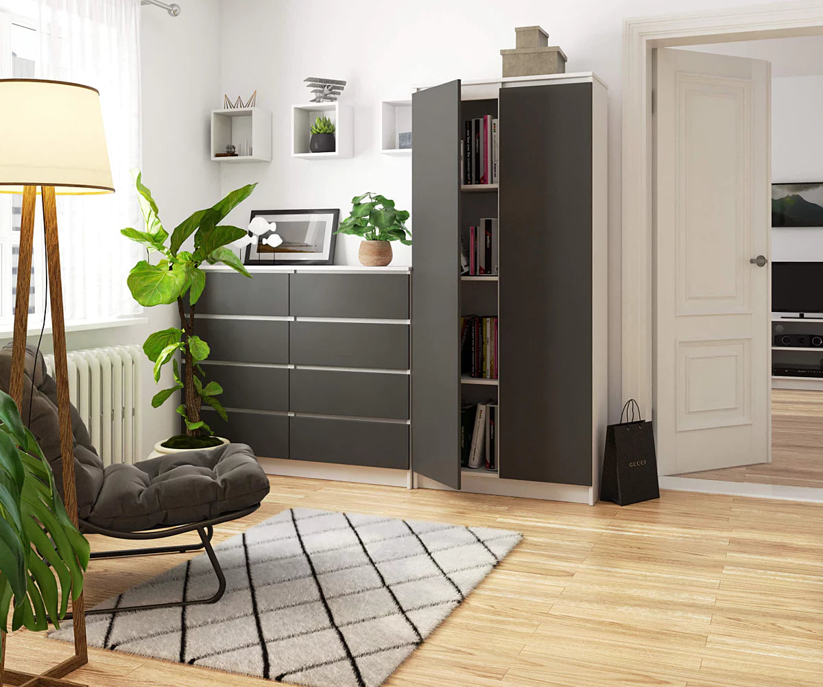 Dulap cu 8 etajere, PAL laminat 16 mm, 80x35x180 cm, alb si grafit
