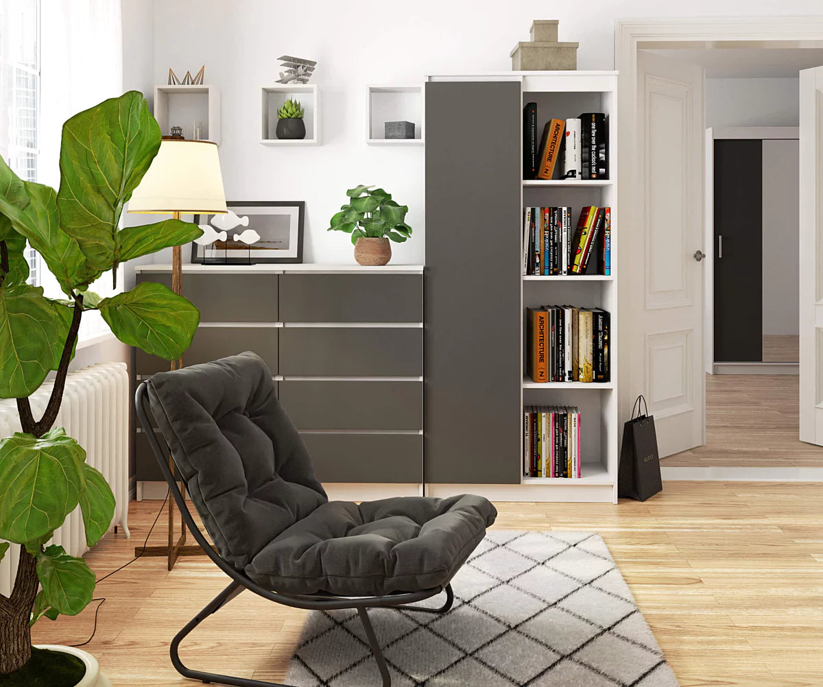Dulap cu usa si 8 etajere, PAL laminat 16 mm, 80x35x180 cm, alb si gri