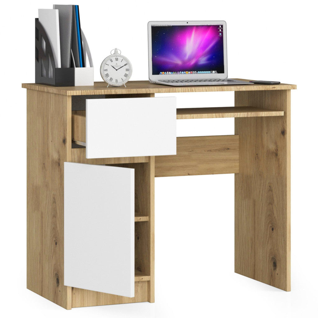Birou computer PIKSEL, cu sertar, dulap si raft pentru tastatura, stanga, 90x50x77 cm, stejar artisan si alb