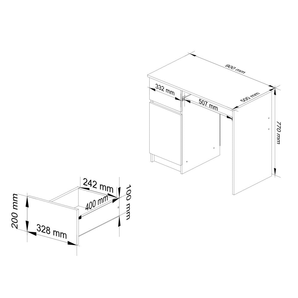 Birou computer PIKSEL, cu sertar, dulap si raft pentru tastatura, stanga, 90x50x77 cm, stejar artisan si alb