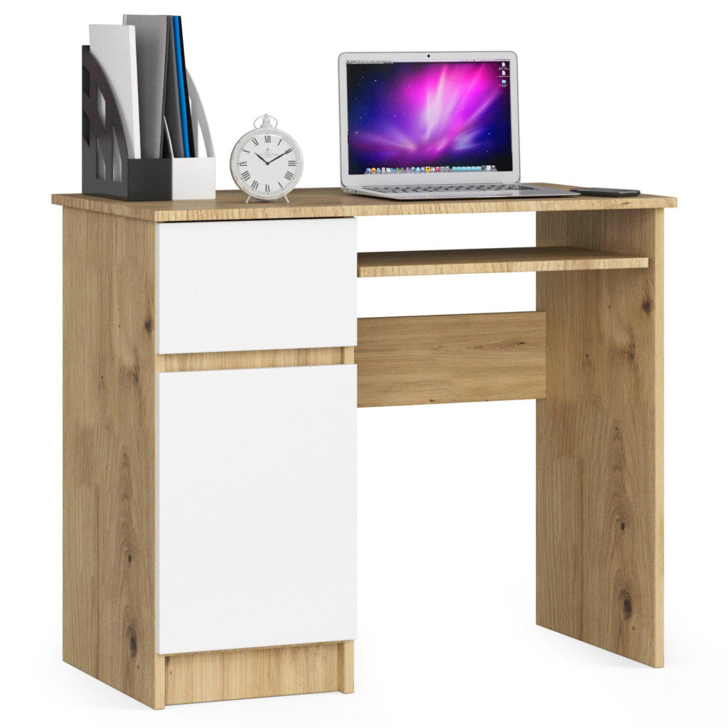 Birou computer PIKSEL, cu sertar, dulap si raft pentru tastatura, stanga, 90x50x77 cm, stejar artisan si alb