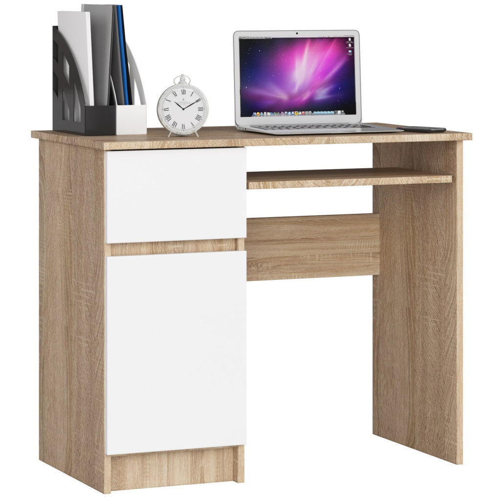 Birou computer PIKSEL, cu sertar, dulap si raft pentru tastatura, stanga, 90x50x77 cm, stejar sonoma si alb