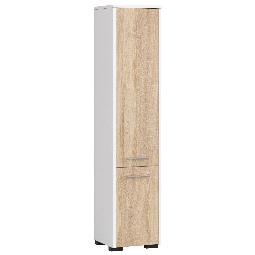 Dulap baie tip coloana cu 2 usi si 5 rafturi, PAL laminat, 30x30x140 cm, alb si stejar sonoma