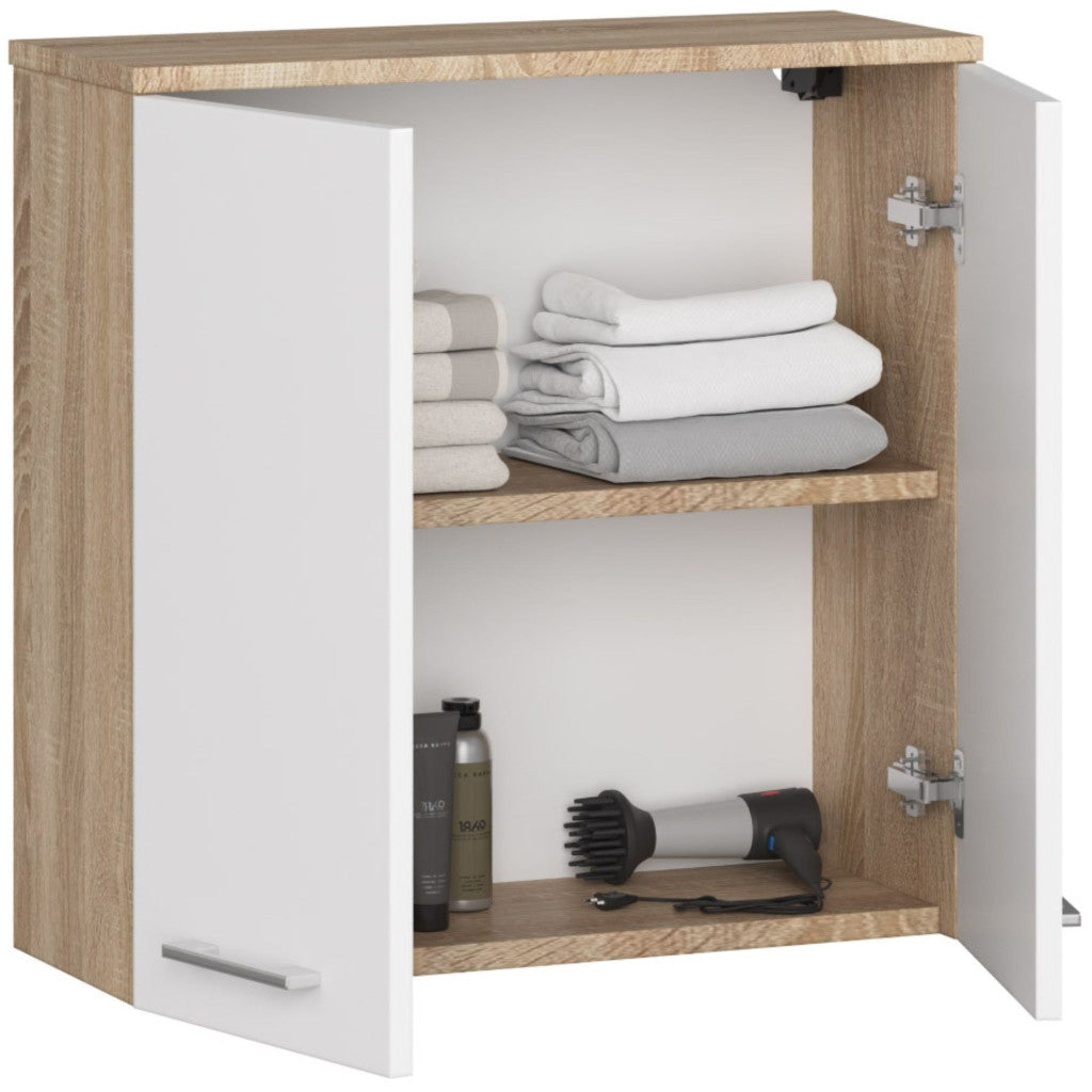 Dulap baie suspendat, cu 2 usi si 1 raft interior, PAL 16 mm, 60x23x60 cm, stejar sonoma si alb