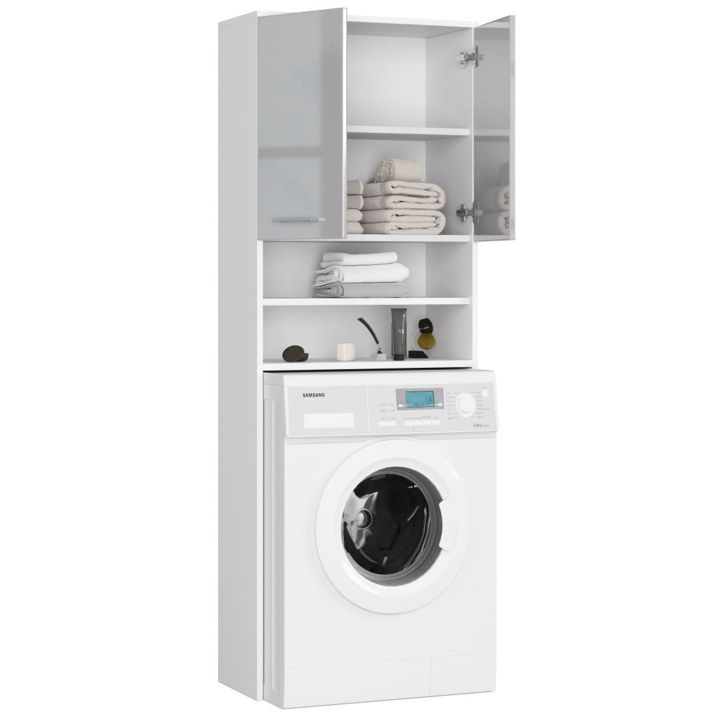 Dulap baie inalt pentru spatiu deasupra masinii de spalat, cu usi si polite, 64x30x180 cm, alb metalic lucios