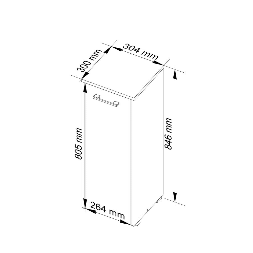 Dulap de baie tip baza, cu usa reversibila si raft interior, PAL 16 mm, 30x30x85 cm, alb si sonoma