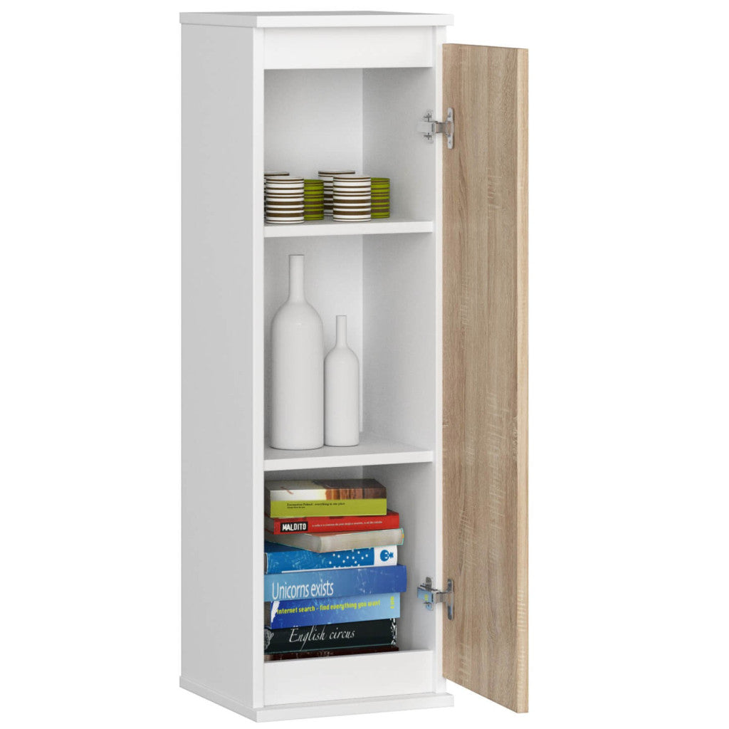 Dulap suspendat, cu usa si 3 rafturi interioare, PAL 16 mm, 30x30x99 cm, alb si stejar sonoma