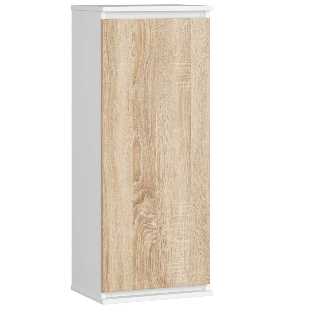 Dulap suspendat, cu usa si 3 rafturi interioare, PAL 16 mm, 40x30x99 cm, alb si stejar sonoma
