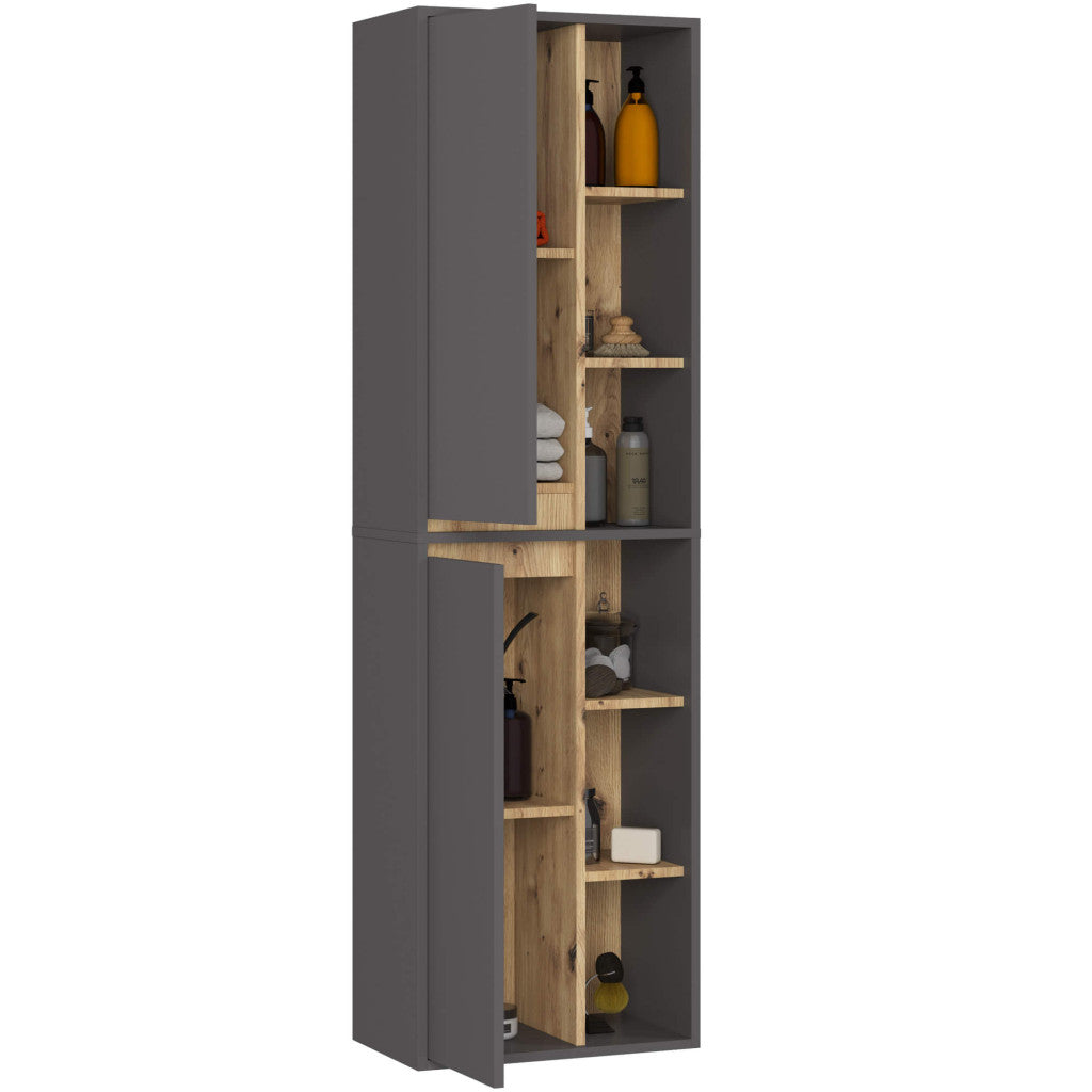 Dulap de baie suspendat cu 2 usi si 6 rafturi, PAL 16 mm, 50x30x170 cm, gri si stejar artisan
