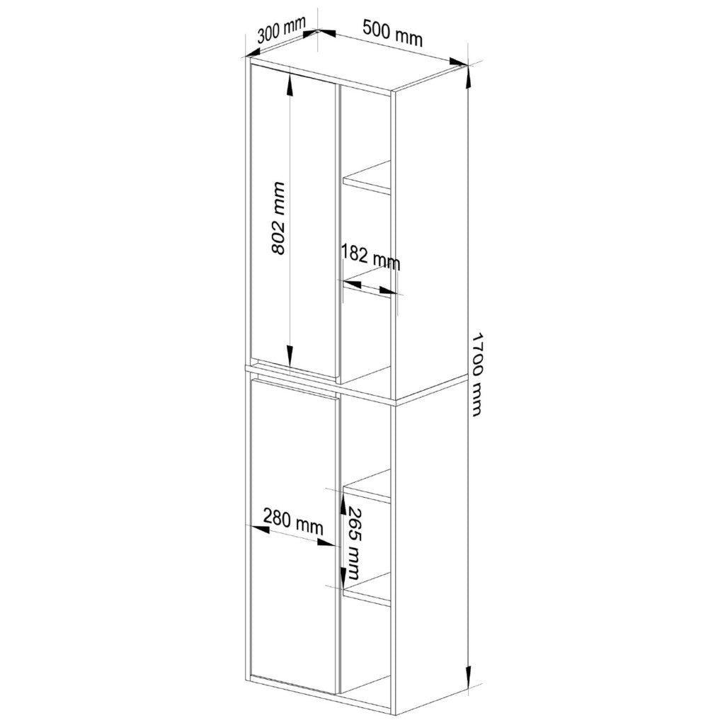 Dulap de baie suspendat cu 2 usi si 6 rafturi, PAL 16 mm, 50x30x170 cm, gri si stejar artisan