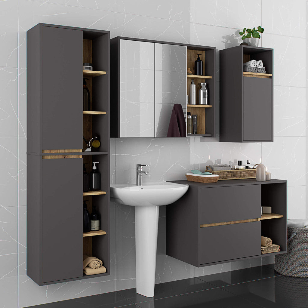 Dulap de baie suspendat cu 2 usi si 6 rafturi, PAL 16 mm, 50x30x170 cm, gri si stejar artisan