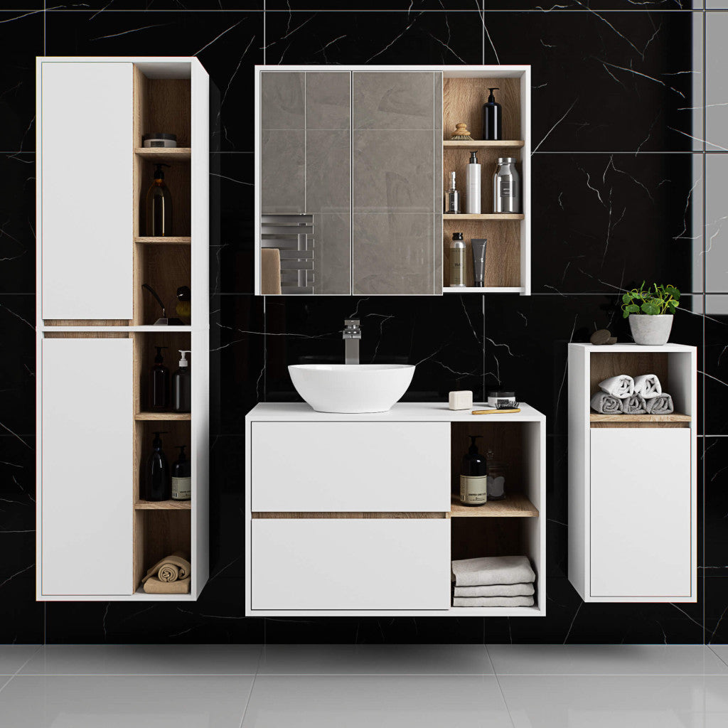 Dulap de baie suspendat cu 2 usi si 6 rafturi, PAL 16 mm, 50x30x170 cm, alb si stejar sonoma