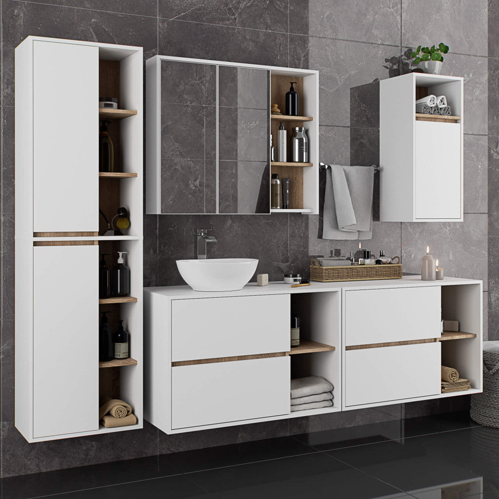 Dulap de baie suspendat cu 2 usi si 6 rafturi, PAL 16 mm, 50x30x170 cm, alb si stejar sonoma