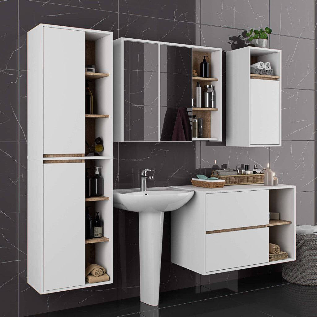 Dulap de baie suspendat cu 2 usi si 6 rafturi, PAL 16 mm, 50x30x170 cm, alb si stejar sonoma