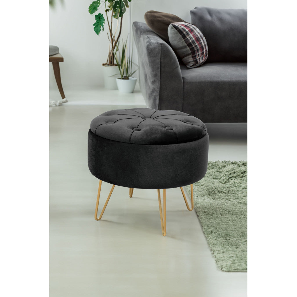 Taburet Caro cu spatiu depozitare, tapitat cu velur, 38x33 cm, negru