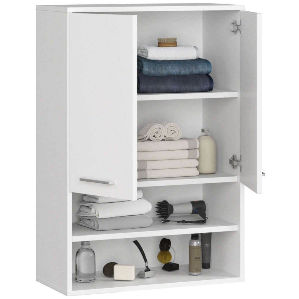 Dulap baie suspendat, cu 2 usi si 2 rafturi deschise, PAL 16 mm, 64x30x94 cm, alb