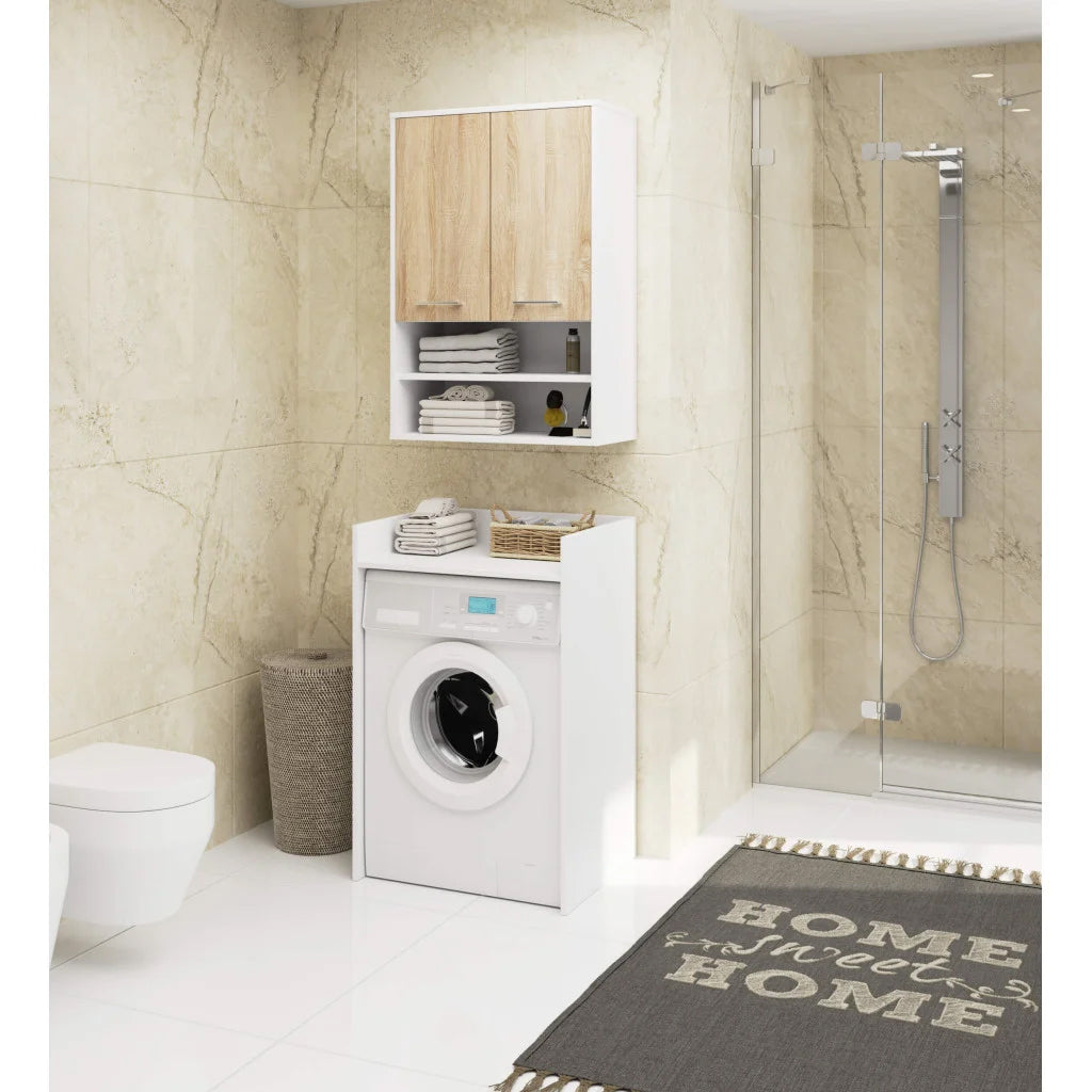 Dulap baie suspendat, cu 2 usi si 2 rafturi deschise, PAL 16 mm, 64x30x94 cm, alb si stejar sonoma