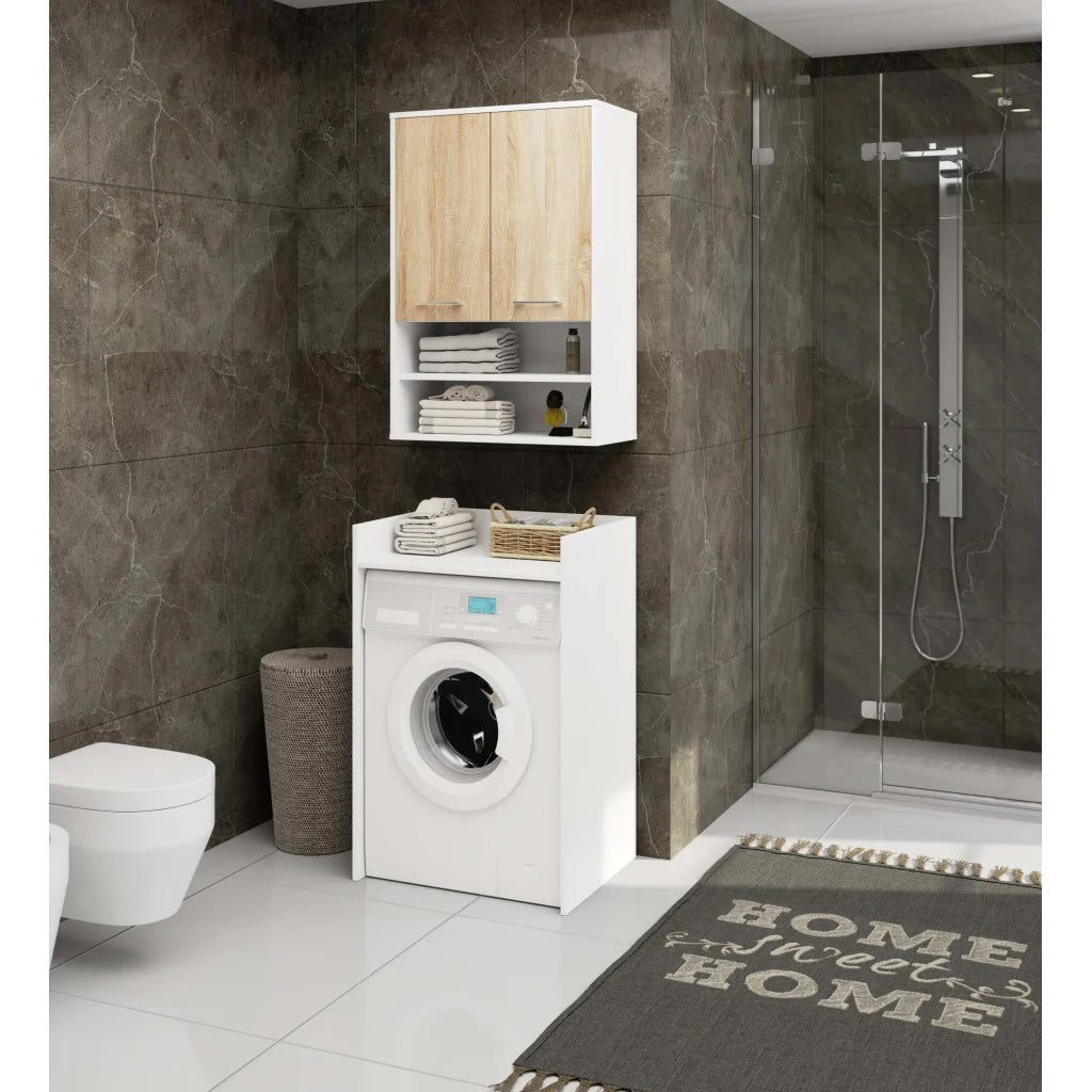 Dulap baie suspendat, cu 2 usi si 2 rafturi deschise, PAL 16 mm, 64x30x94 cm, alb si stejar sonoma