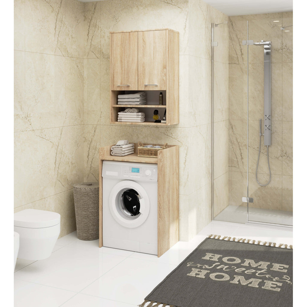 Dulap baie suspendat, cu 2 usi si 2 rafturi deschise, PAL 16 mm, 64x30x94 cm, stejar sonoma