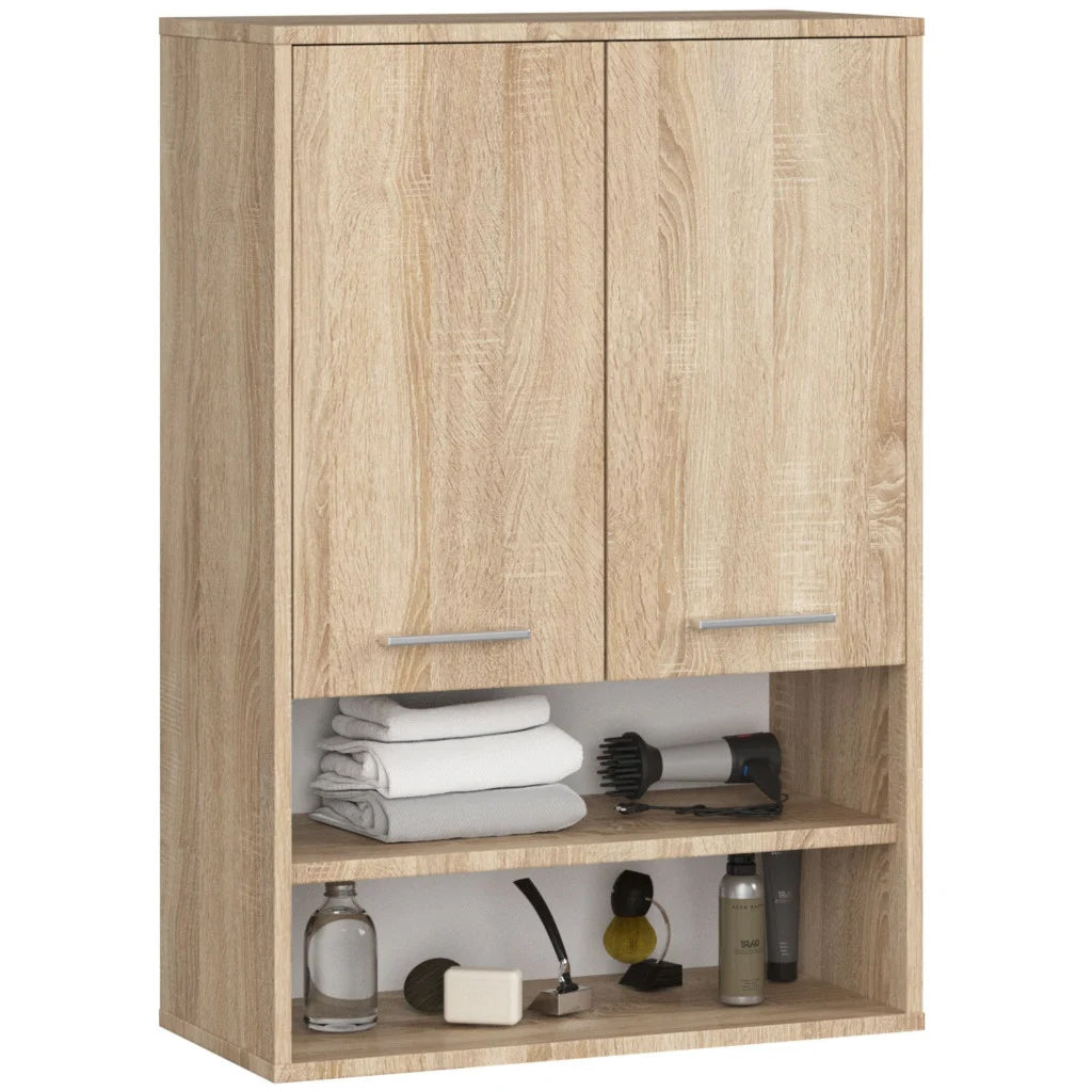 Dulap baie suspendat, cu 2 usi si 2 rafturi deschise, PAL 16 mm, 64x30x94 cm, stejar sonoma