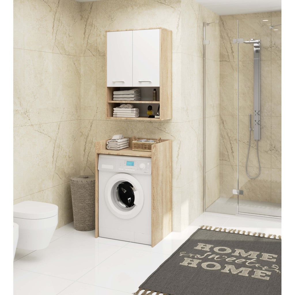Dulap baie suspendat, cu 2 usi si 2 rafturi deschise, PAL 16 mm, 64x30x94 cm, stejar sonoma si alb