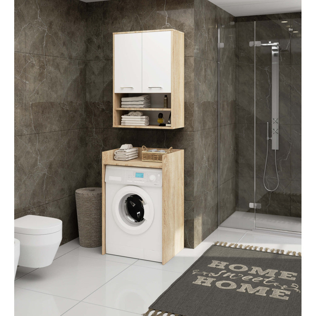 Dulap baie suspendat, cu 2 usi si 2 rafturi deschise, PAL 16 mm, 64x30x94 cm, stejar sonoma si alb