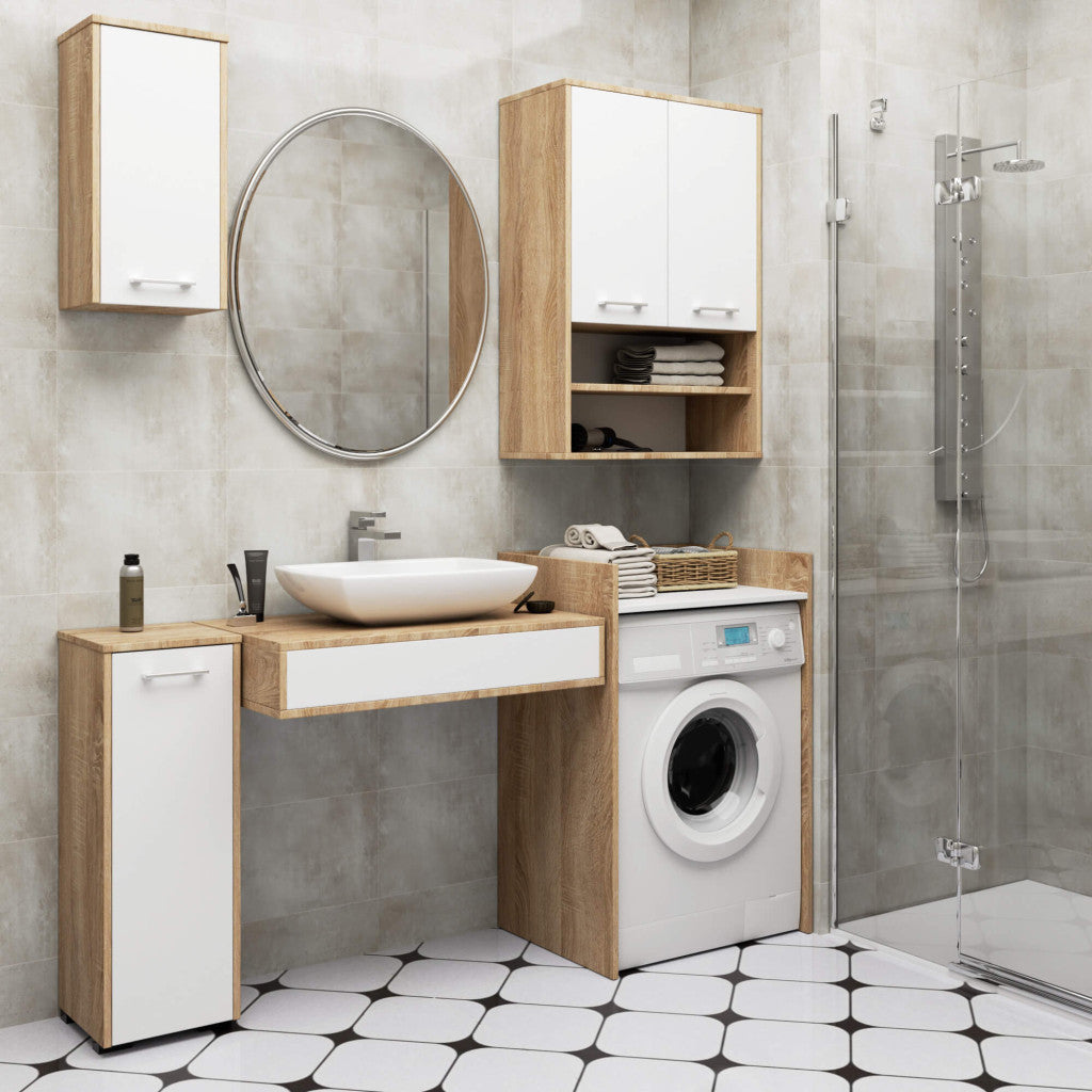 Dulap baie suspendat, cu 2 usi si 2 rafturi deschise, PAL 16 mm, 64x30x94 cm, stejar sonoma si alb
