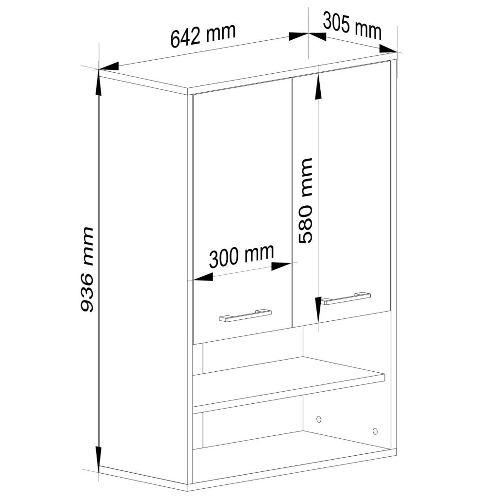 Dulap baie suspendat, cu 2 usi si 2 rafturi deschise, PAL 16 mm, 64x30x94 cm, gri