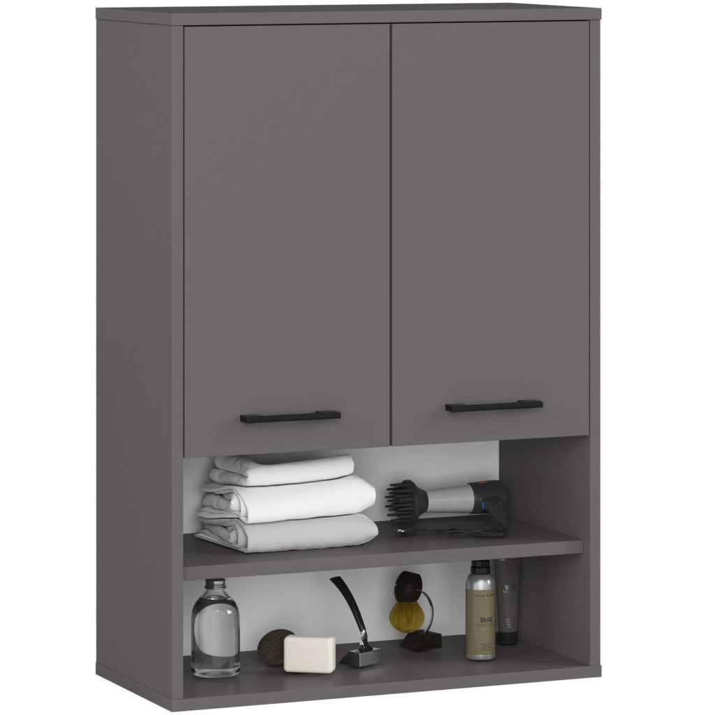 Dulap baie suspendat, cu 2 usi si 2 rafturi deschise, PAL 16 mm, 64x30x94 cm, gri