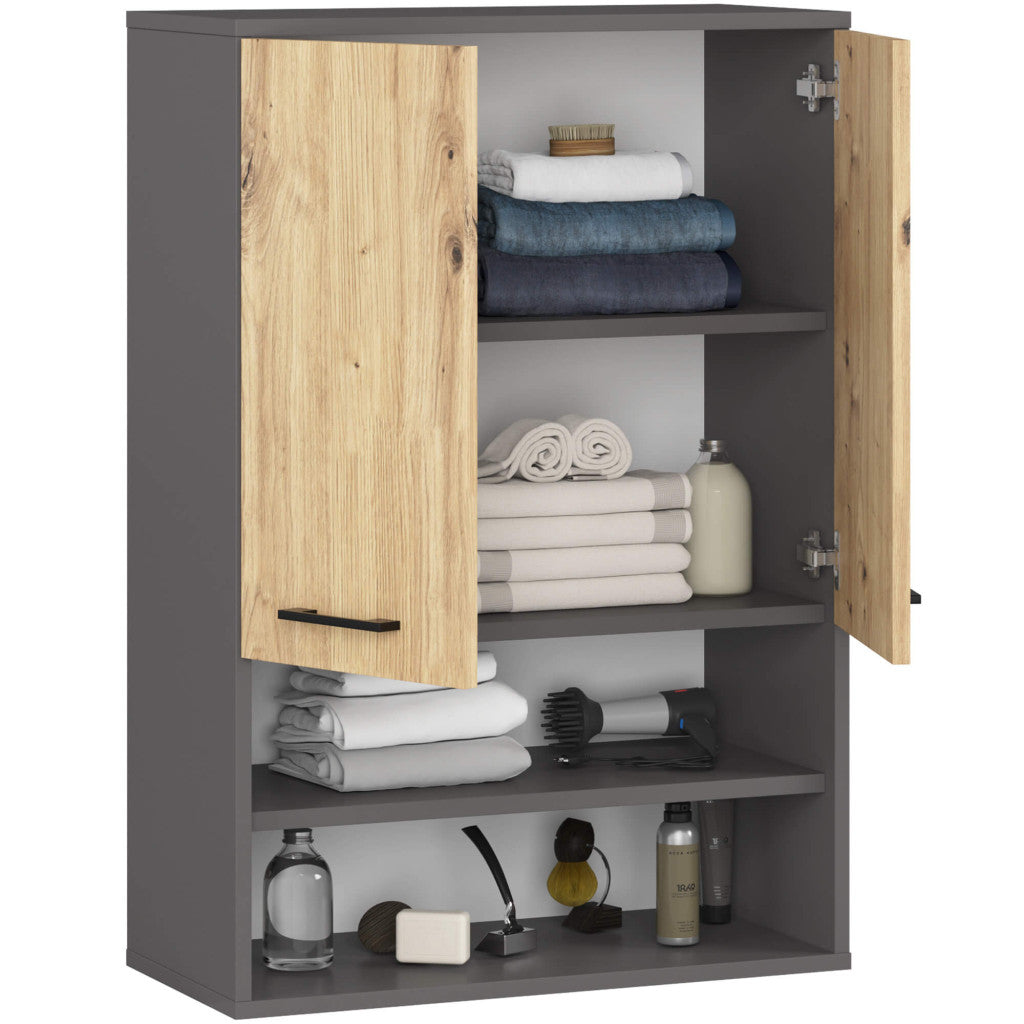 Dulap baie suspendat, cu 2 usi si 2 rafturi deschise, PAL 16 mm, 64x30x94 cm, gri si stejar artisan