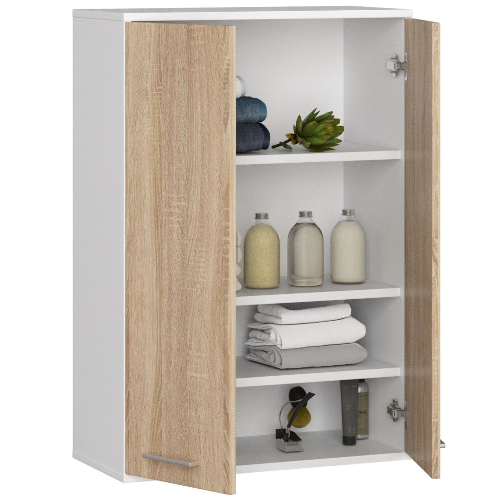Dulap baie suspendat, cu 2 usi si 4 rafturi interioare, PAL 16 mm, 64x30x94 cm, alb si stejar sonoma
