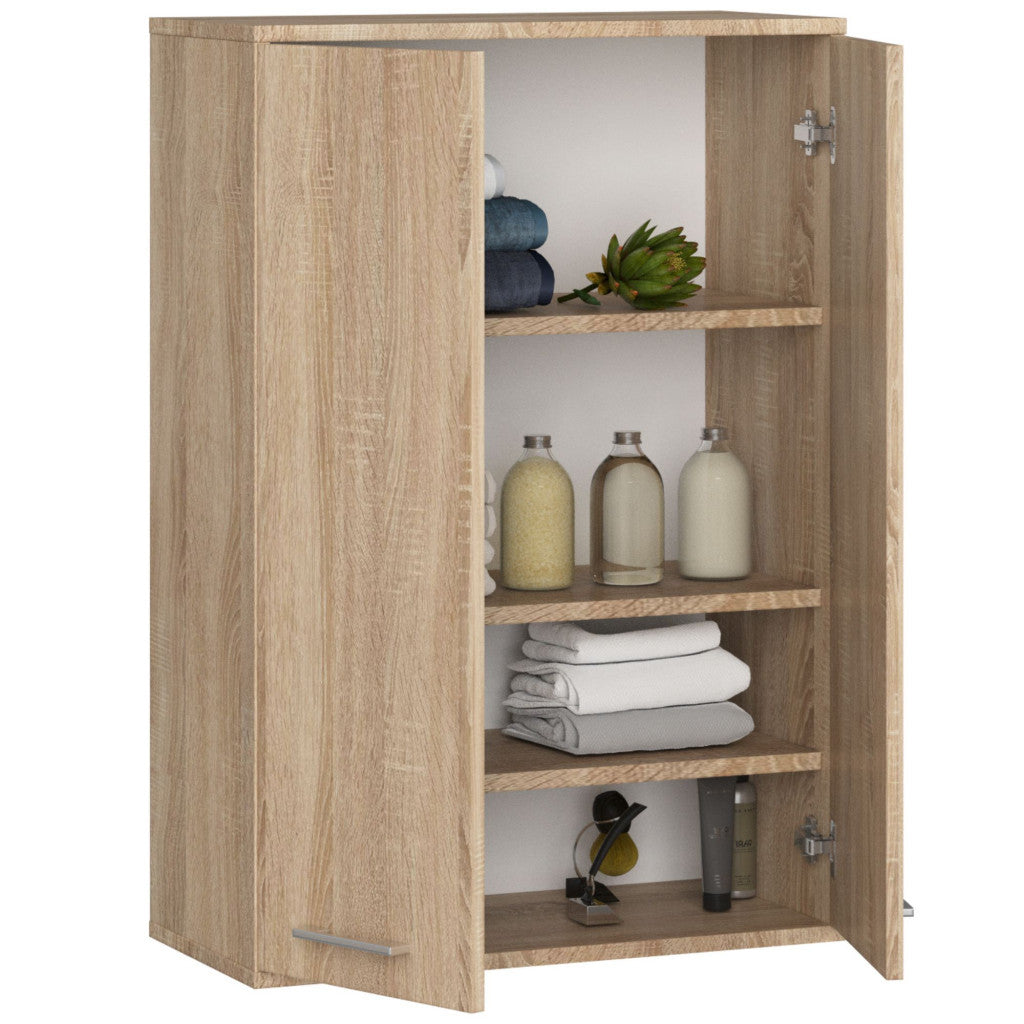 Dulap baie suspendat, cu 2 usi si 4 rafturi interioare, PAL 16 mm, 64x30x94 cm, stejar sonoma