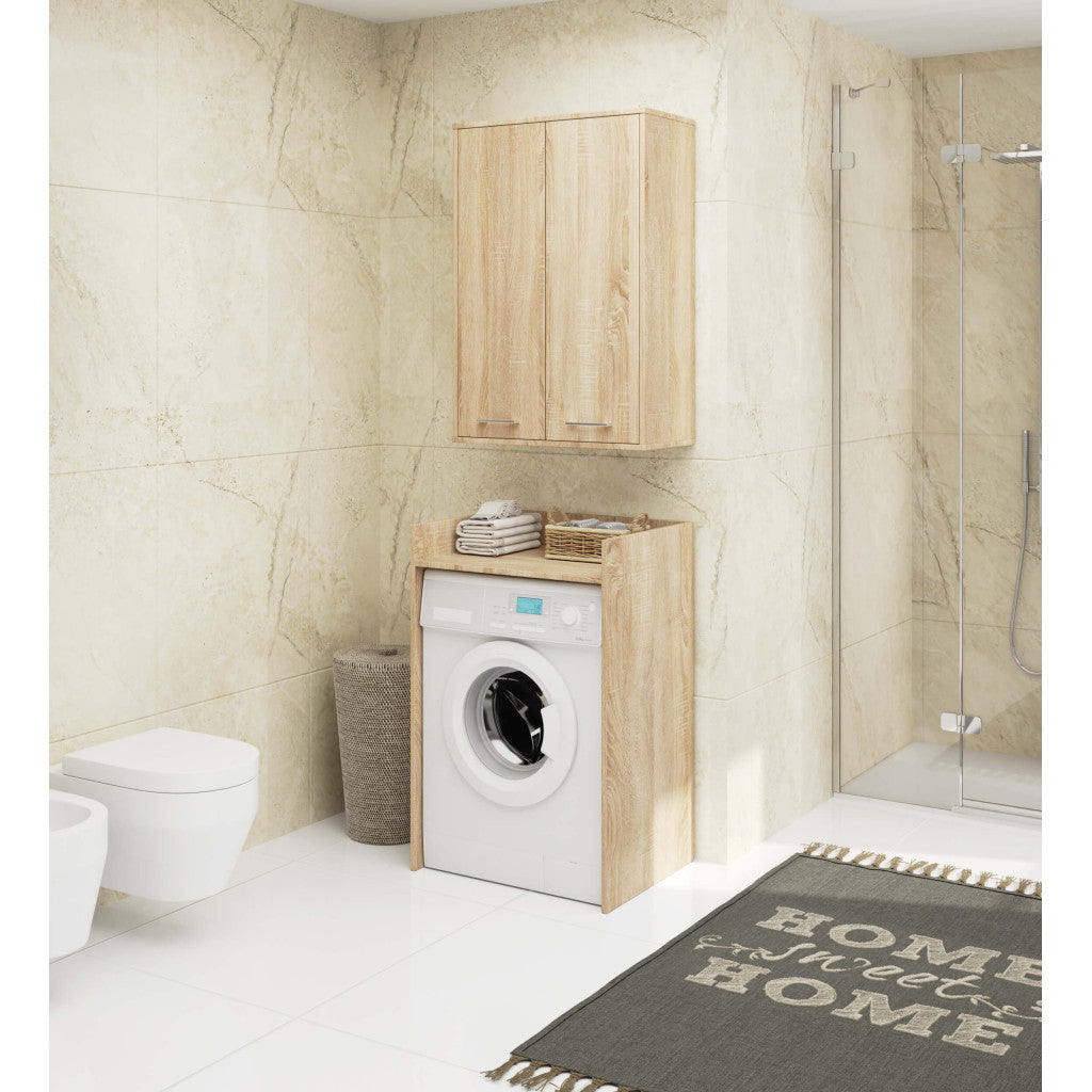 Dulap baie suspendat, cu 2 usi si 4 rafturi interioare, PAL 16 mm, 64x30x94 cm, stejar sonoma